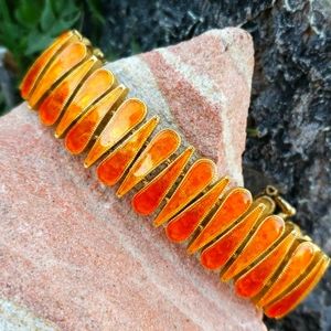 Vtg Vibrant Orange Enamel Italian Designer VIRO Goldtone Quality Link Bracelet